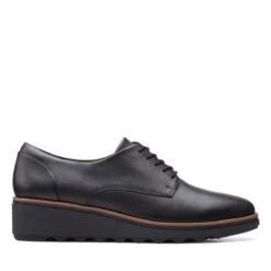 Clarks Sharon Noel Black Leather Lace-Up Wedge Oxford