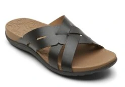 Rockport Ridge Woven Black Leather Slide Sandal
